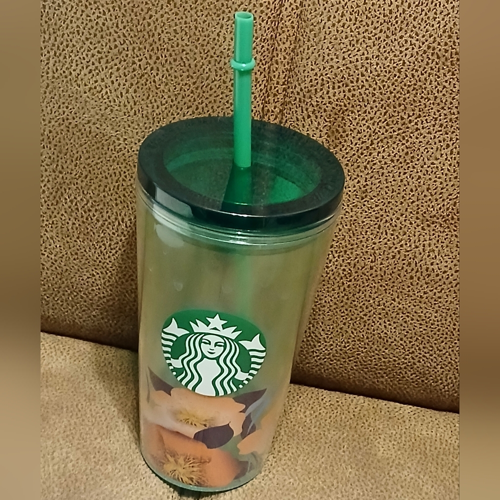 Starbucks 2021 16 oz cold beverage tumbler orange, purple flowers
